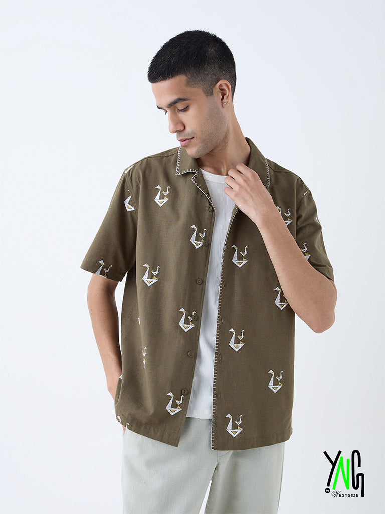 ETA Olive Embroidered Relaxed-Fit Cotton-Blend Shirt