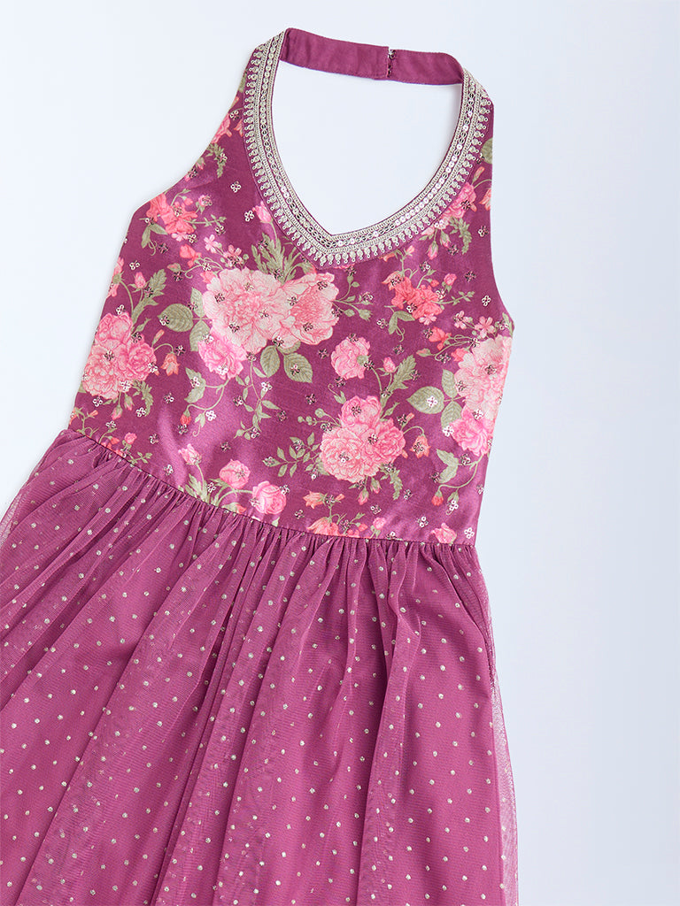 Utsa Kids Dusty Rose Floral Pattern Halter-Neck Dress - (8-14yrs)