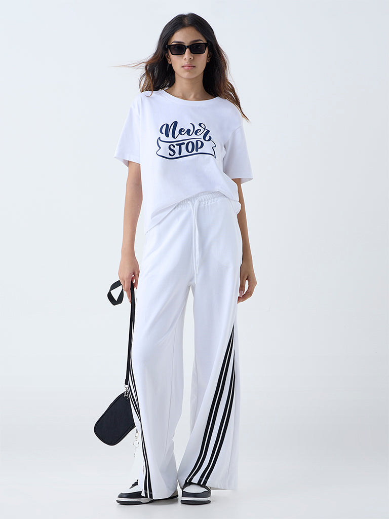 Studiofit White Text Printed Cotton T-Shirt