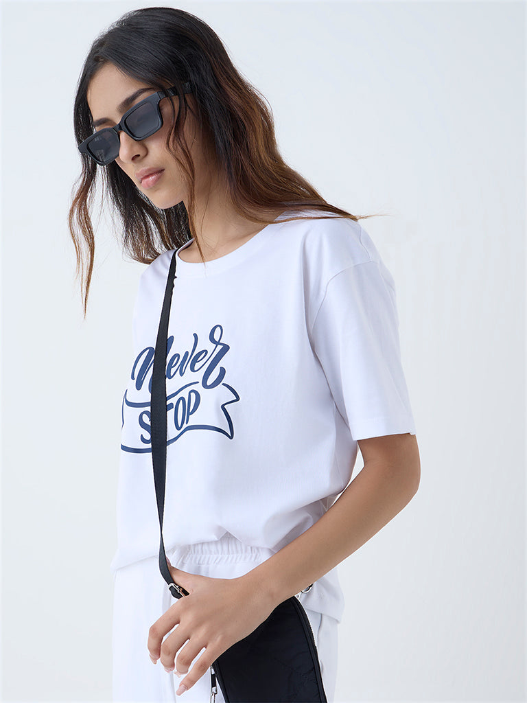 Studiofit White Text Printed Cotton T-Shirt