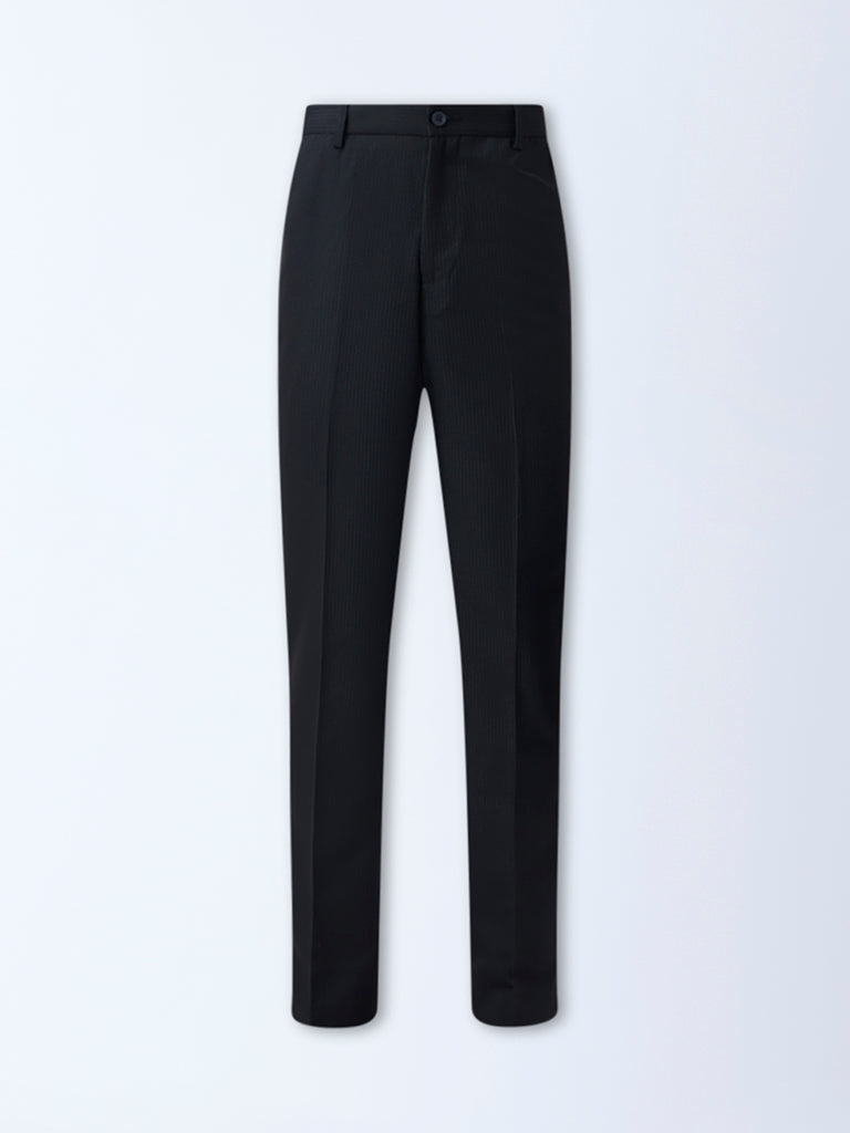 WES Formals Black Pinstriped Relaxed-Fit Mid-Rise Trousers