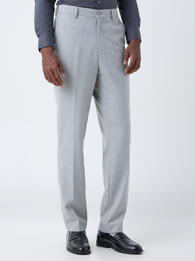 WES Formals Grey Striped Relaxed-Fit Mid-Rise Trousers