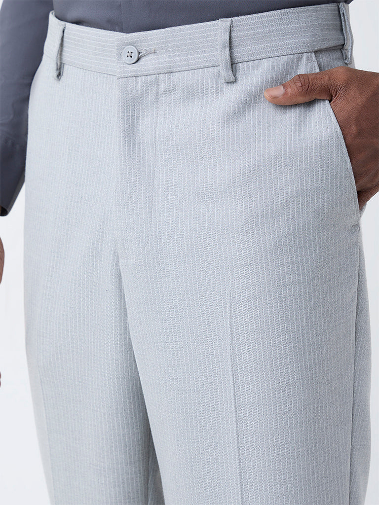 WES Formals Grey Striped Relaxed-Fit Mid-Rise Trousers