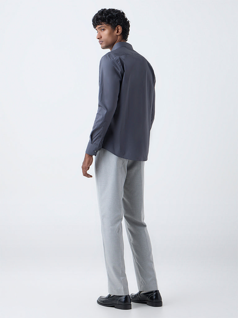WES Formals Grey Striped Relaxed-Fit Mid-Rise Trousers