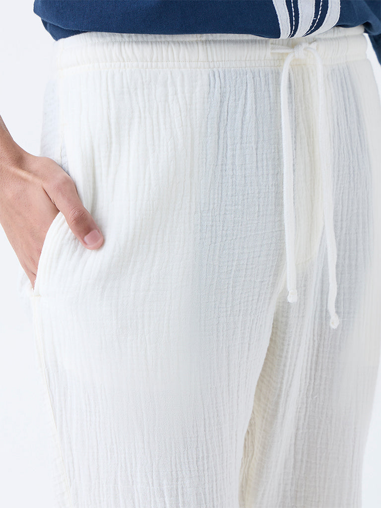 ETA White Textured Relaxed-Fit Mid-Rise Cotton Chinos