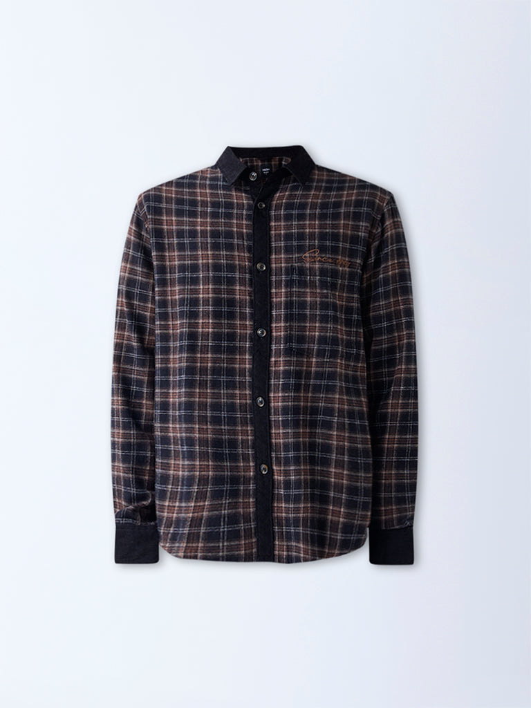Nuon Brown Checks Pattern Relaxed-Fit Cotton Shirt