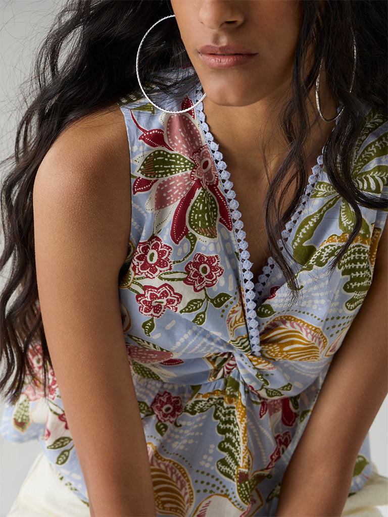 Bombay Paisley Light Blue Floral Design Cotton Top