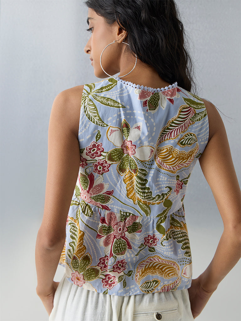Bombay Paisley Light Blue Floral Design Cotton Top