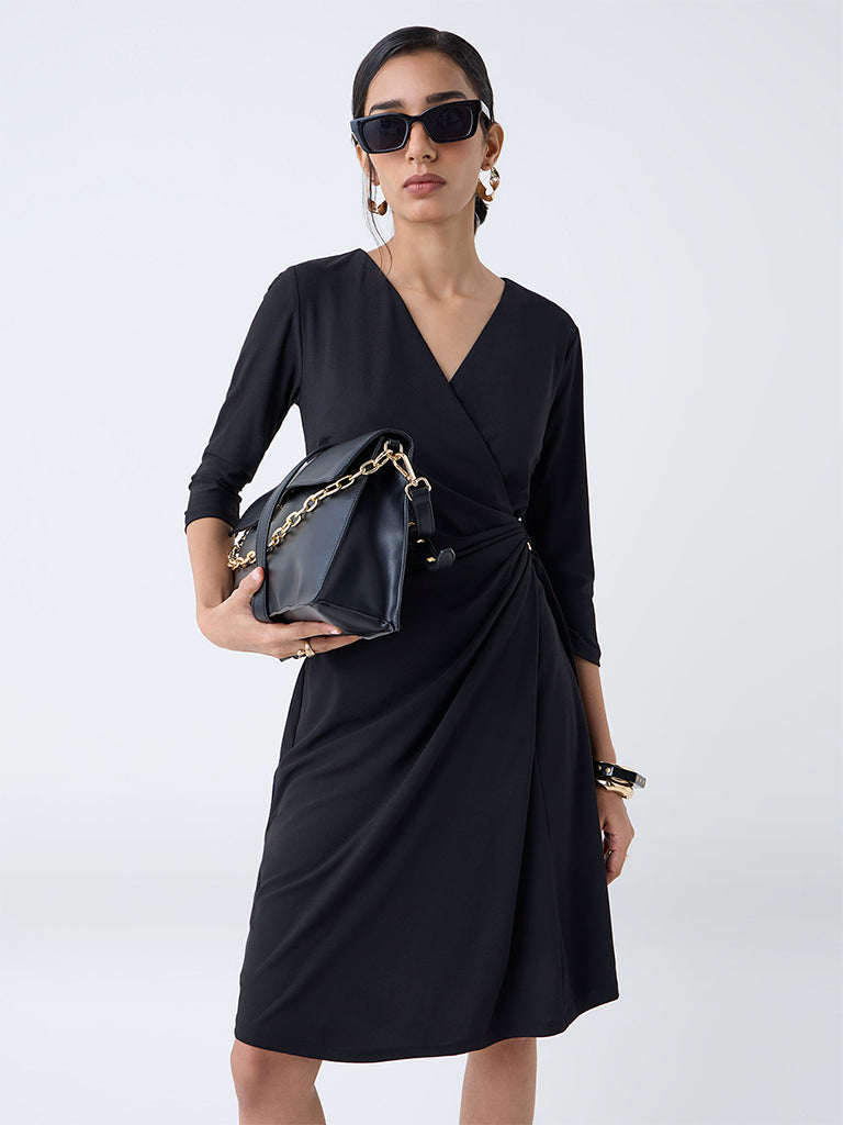 Westside Wardrobe Women's Black Solid Wrap-Style Dress for Work Wear Front view