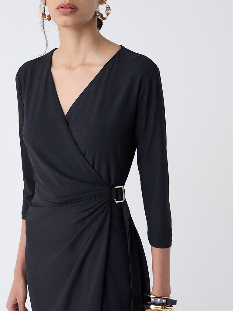 Westside Wardrobe Women's Black Solid Wrap-Style Dress for Work Wear Zoomed View