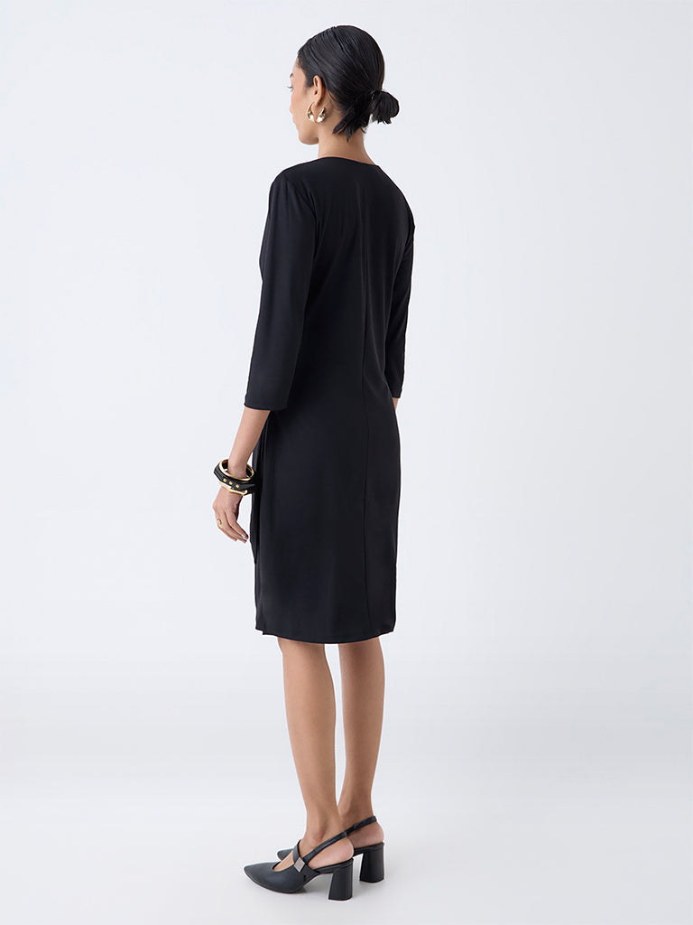 Westside Wardrobe Women's Black Solid Wrap-Style Dress for Work Wear Back View