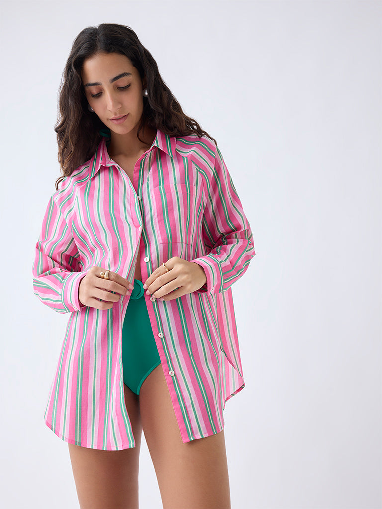 Wunderlove Pink Stripe Printed Oversized Cotton Shirt