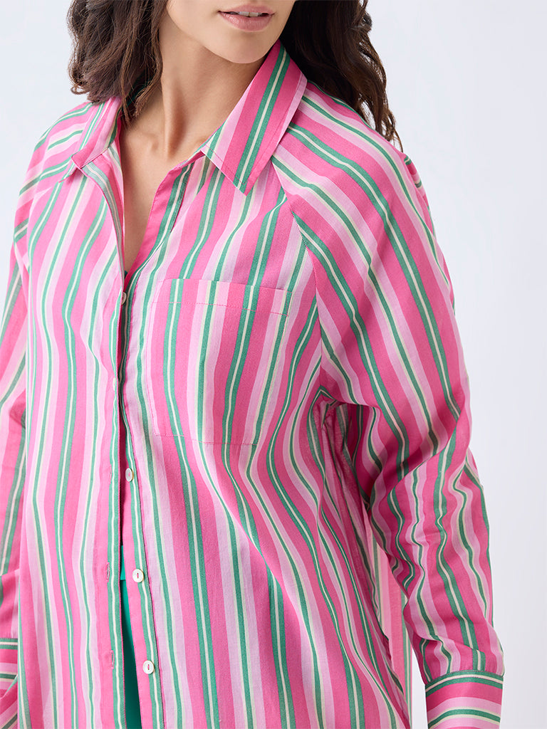 Wunderlove Pink Stripe Printed Oversized Cotton Shirt