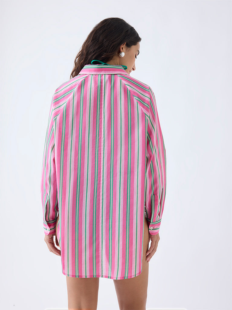 Wunderlove Pink Stripe Printed Oversized Cotton Shirt