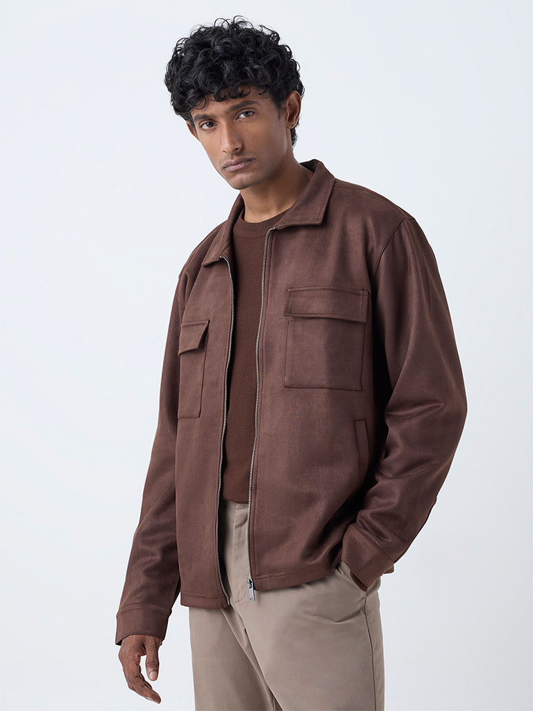 Brown Suede Crop Jacket With A Tie Belt Detailing Brown Suede Crop Jacket With A Tie Belt Detailing