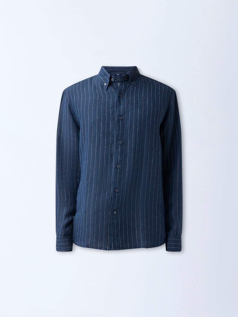 Ascot Navy Striped Relaxed-Fit Linen Shirt