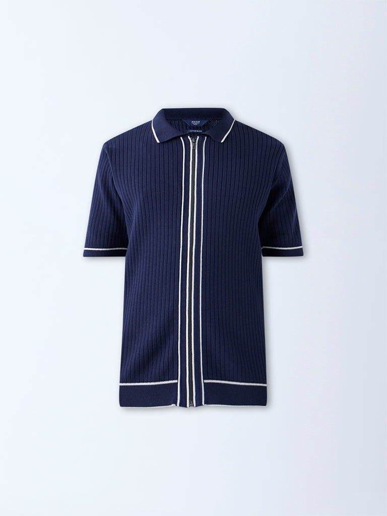 Ascot Navy Ribbed-Textured Relaxed-Fit Cotton-Blend T-Shirt