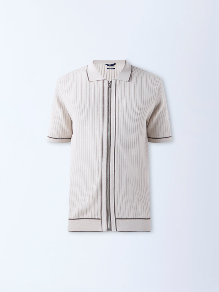 Ascot Beige Self-Stripe Relaxed-Fit Cotton-Blend T-Shirt