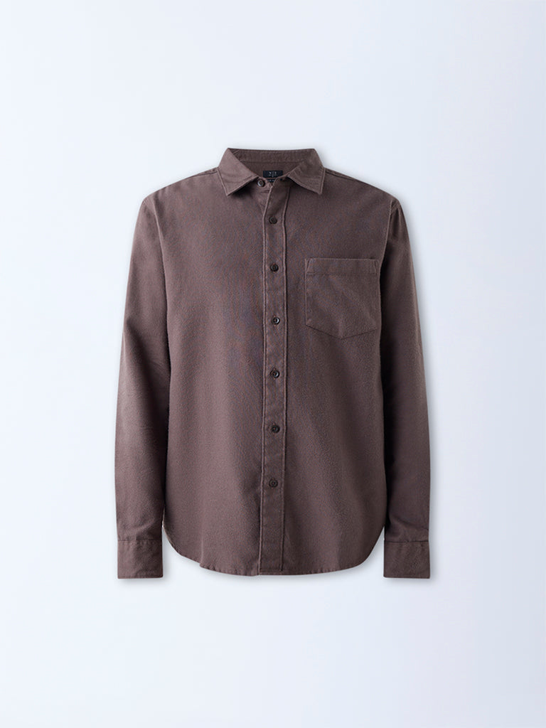 WES Casuals Brown Solid Relaxed-Fit Cotton Shirt