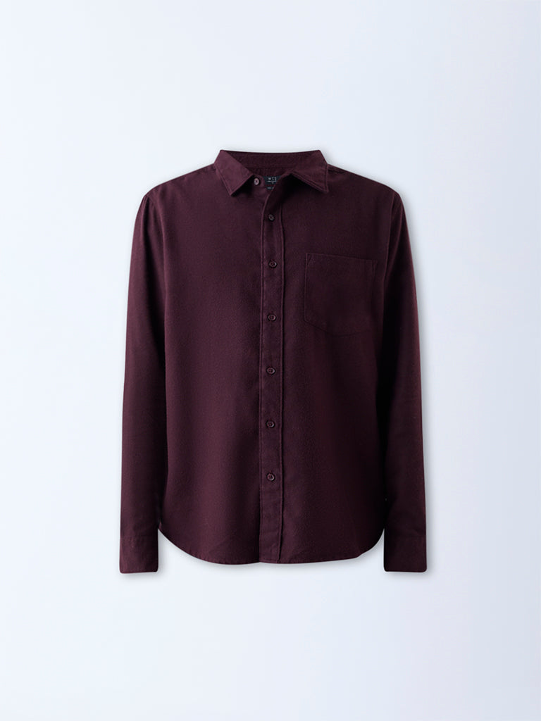 WES Casuals Wine Solid Relaxed Fit Cotton Shirt