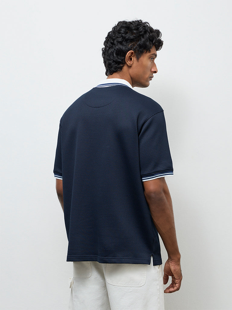 WES Casuals Navy Relaxed-Fit Cotton-Blend Quarter-Zip Polo T-Shirt