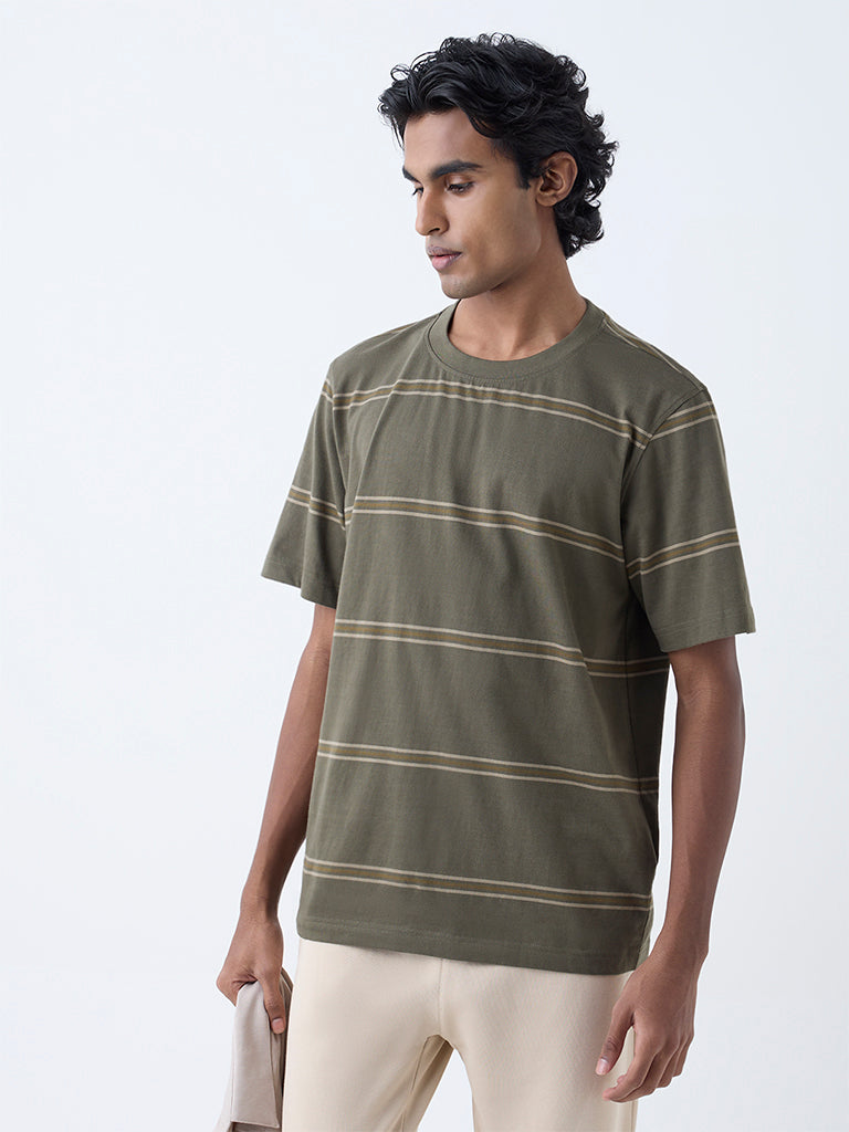 WES Casuals Olive Striped Relaxed-Fit Cotton T-Shirt