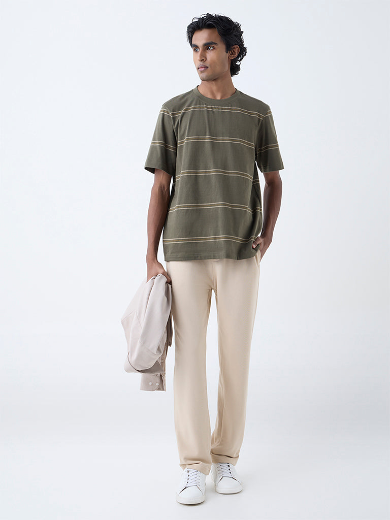 WES Casuals Olive Striped Relaxed-Fit Cotton T-Shirt