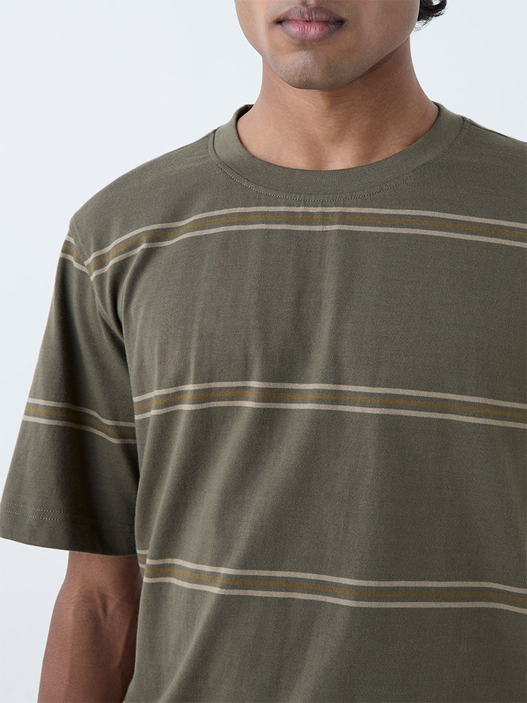 WES Casuals Olive Striped Relaxed-Fit Cotton T-Shirt