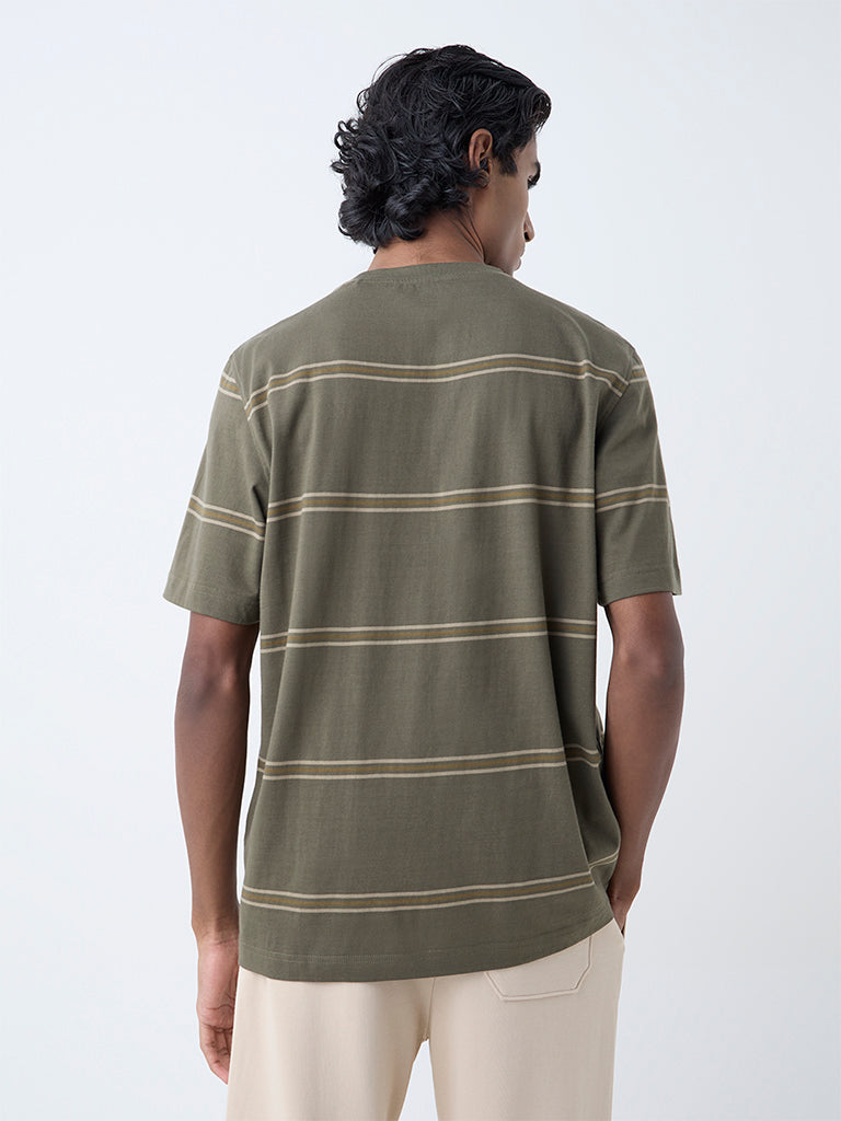 WES Casuals Olive Striped Relaxed-Fit Cotton T-Shirt