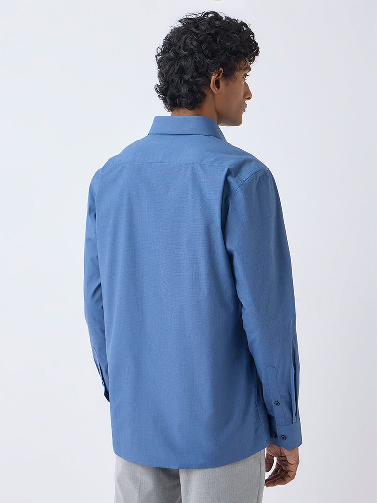 WES Formals Blue Slim-Fit Cotton Shirt
