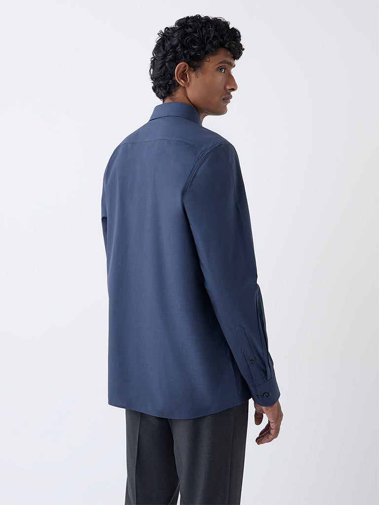 WES Formals Navy Solid Slim-Fit Cotton Shirt