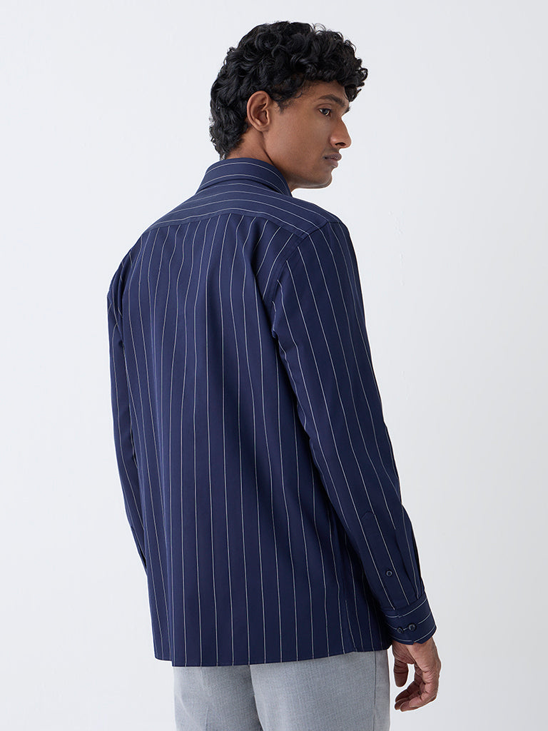 WES Formals Navy Pinstriped Slim-Fit Cotton Shirt