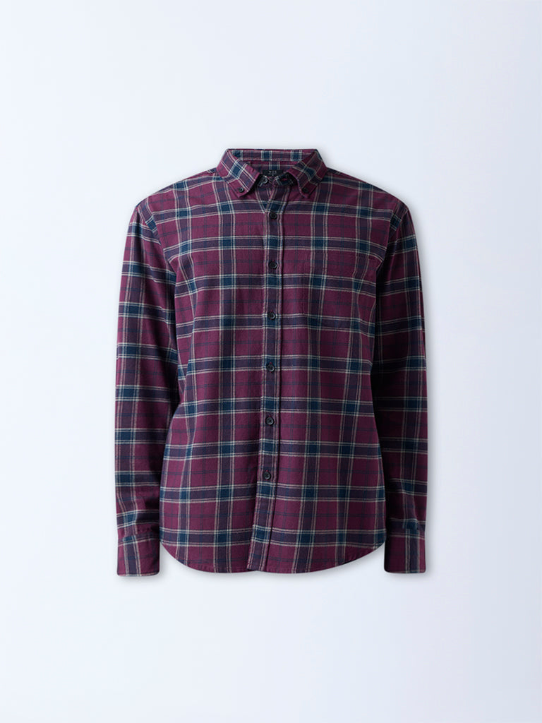 WES Casuals Burgundy Checkered Relaxed-Fit Cotton-Blend Shirt