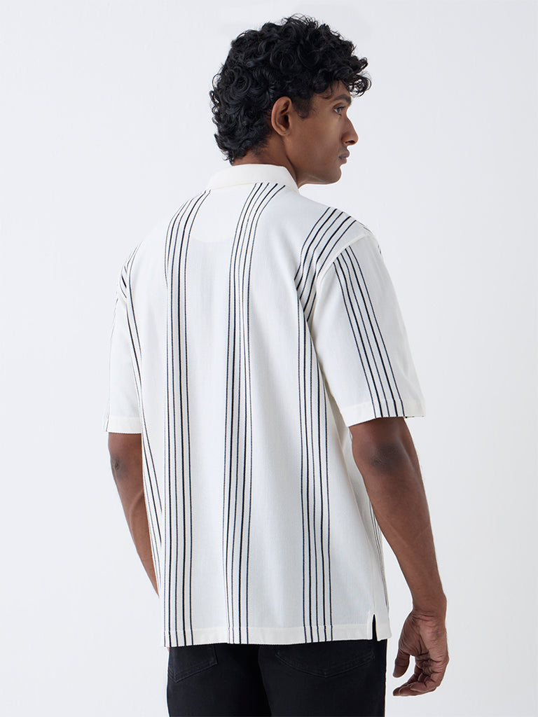 WES Casuals Off-White Relaxed Fit Three-Quarter Zip Polo T-Shirt