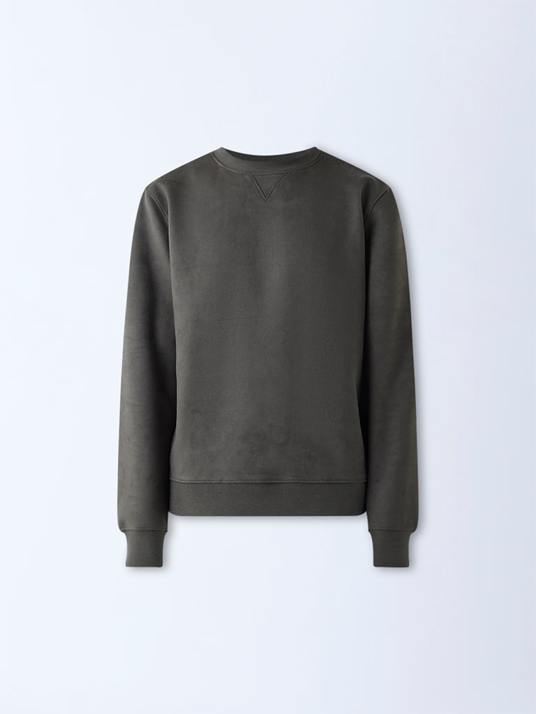 Studiofit Olive Solid Relaxed-Fit Suede Sweatshirt