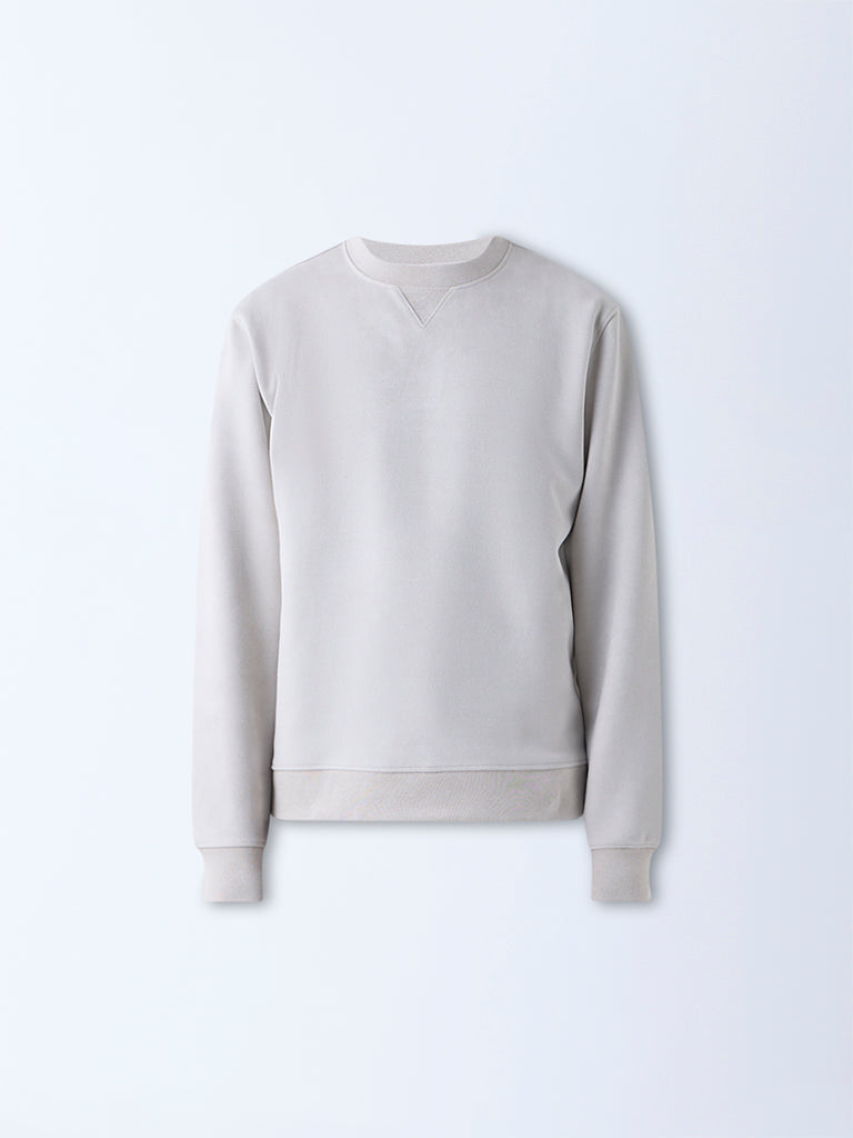 Studiofit Beige Solid Relaxed-Fit Suede Sweatshirt