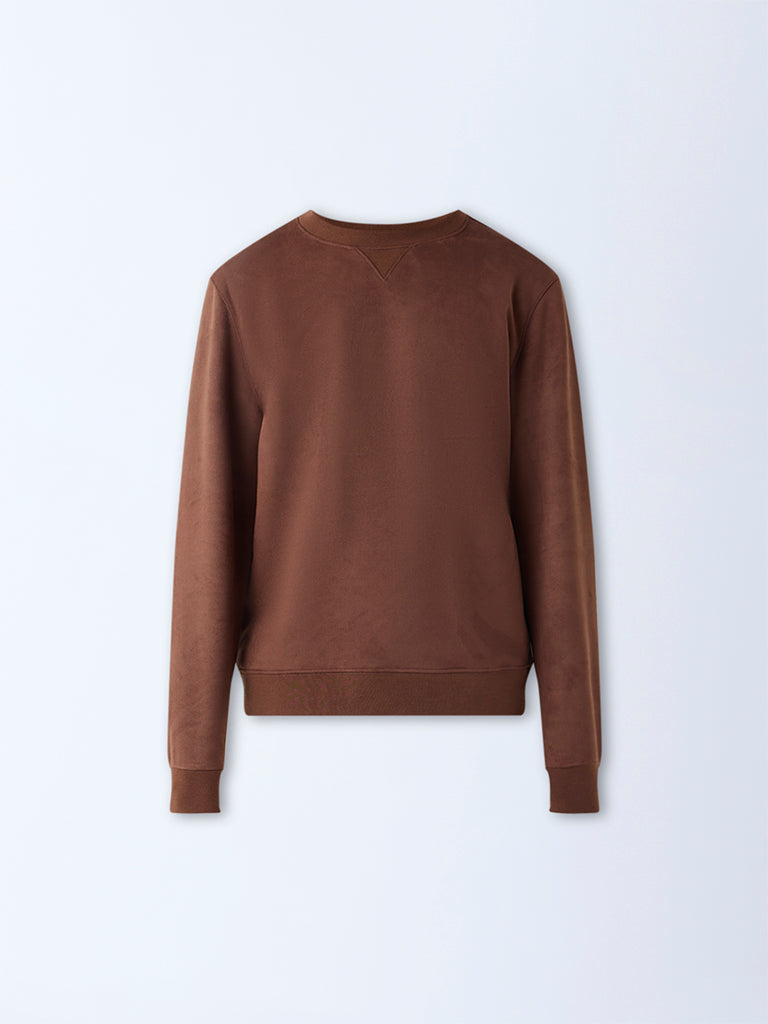 Studiofit Tan Solid Relaxed-Fit Suede Sweatshirt