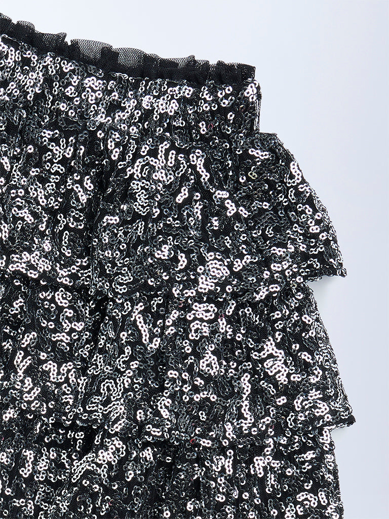 HOP Kids Girls Black Sequin Embellished High-Rise Tiered Skirt