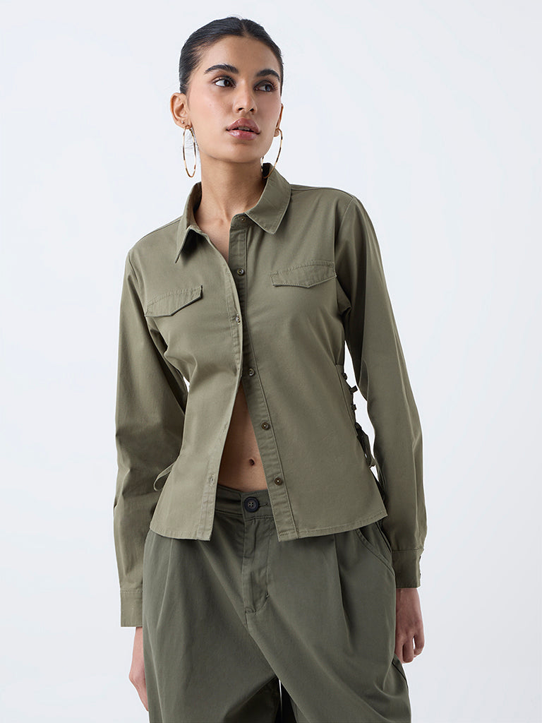 Buy Nuon Olive Criss-Cross Detailed Cotton-Blend Shirt from Westside