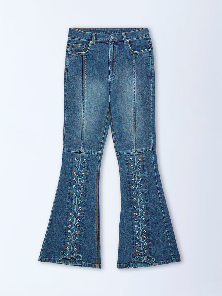 Nuon Blue Criss-Cross Detailed High-Rise Bootcut Jeans