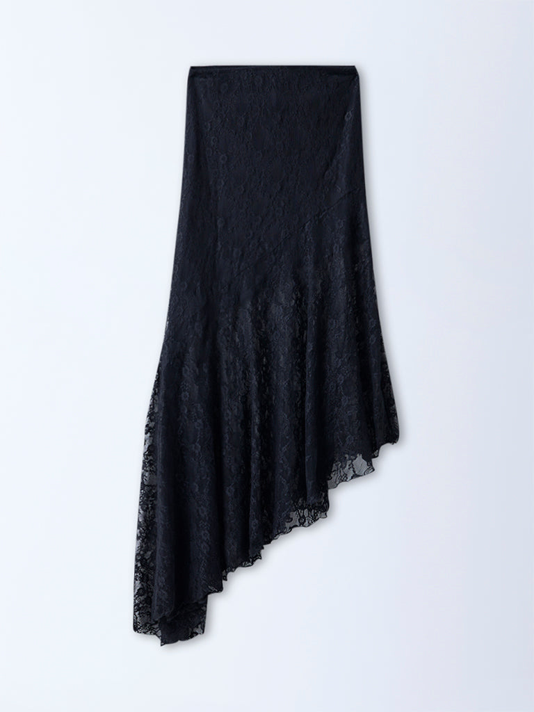 Nuon Black Lace Detailed Asymmetric High-Rise Skirt