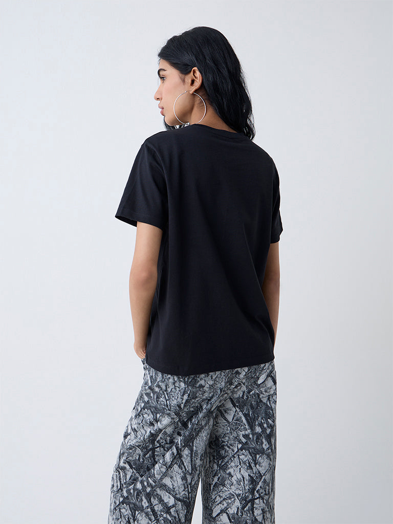 Nuon Black Numerical Print Cotton T-Shirt