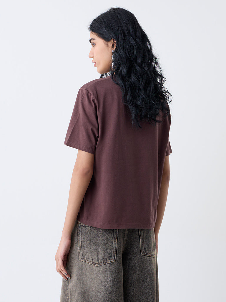Nuon Brown Printed Cotton-Blend T-Shirt
