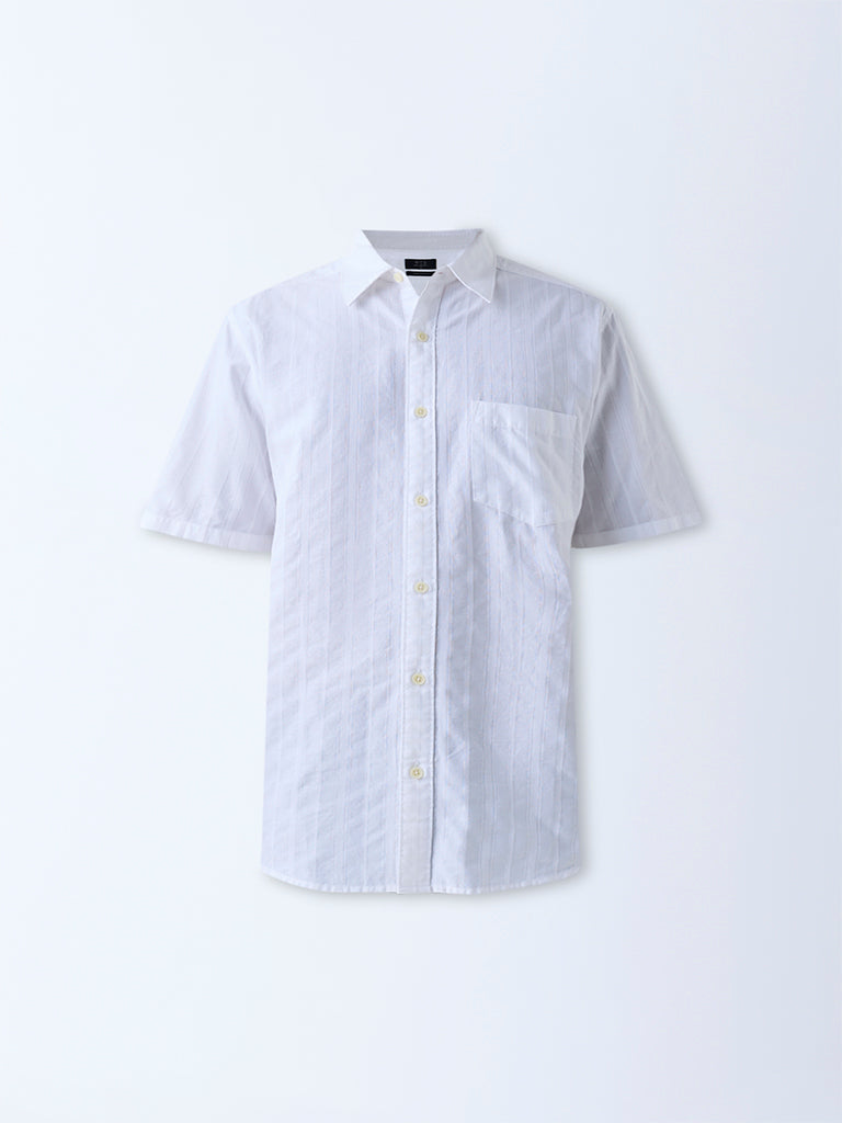 WES Casuals White Self-Striped Relaxed-Fit Cotton Shirt