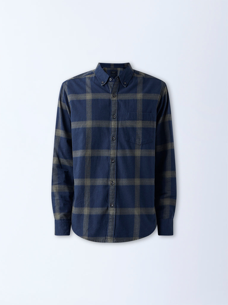 WES Casuals Navy Checkered Relaxed-Fit Cotton Shirt
