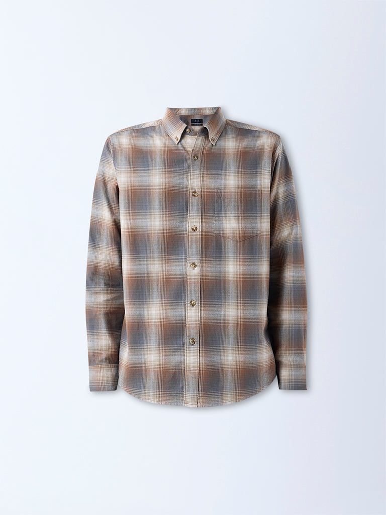 WES Casuals Tan Checkered Relaxed-Fit Cotton Shirt