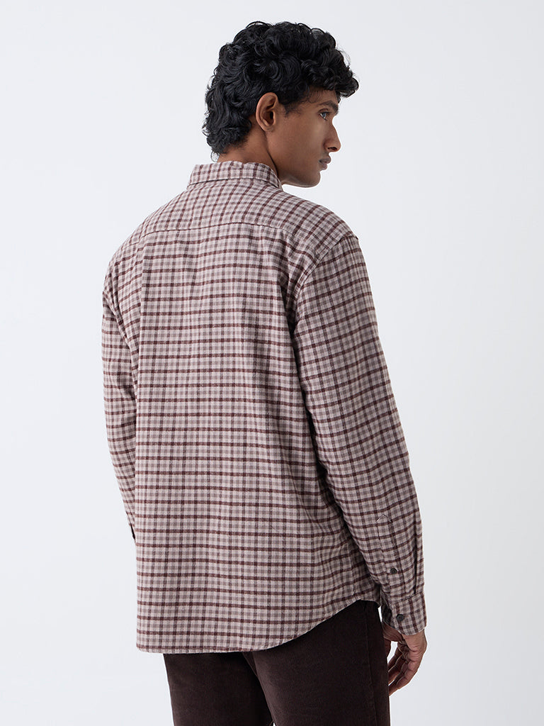 WES Casuals Brown Check Design Relaxed-Fit Cotton Shirt