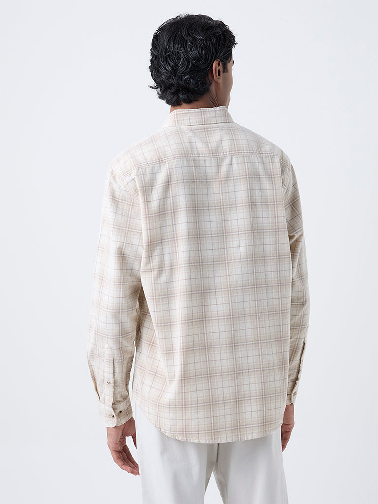 WES Casuals Cream Checks Design Relaxed-Fit Cotton Shirt