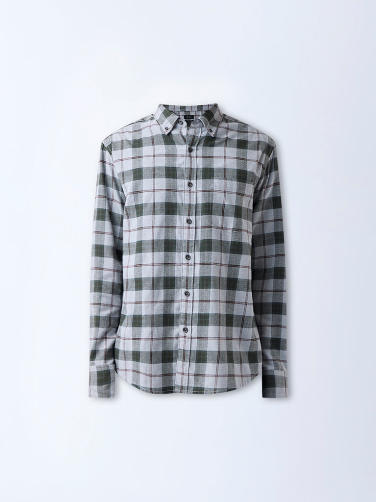 WES Casuals Grey Checks Design Relaxed-Fit Cotton-Blend Shirt