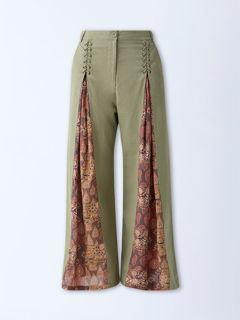 Bombay Paisley Olive Printed Cotton-Blend Pants